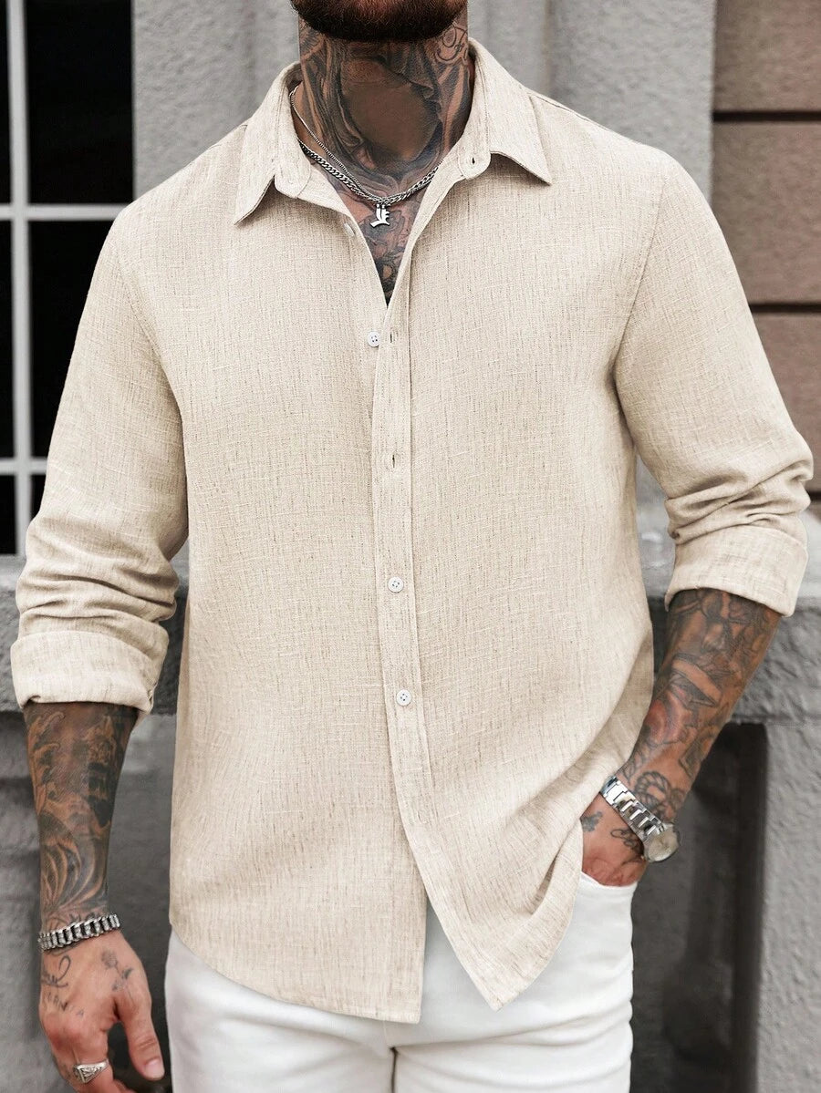 Camisa Masculina Casual de Linho de Manga Longa com Abotoamento Clock