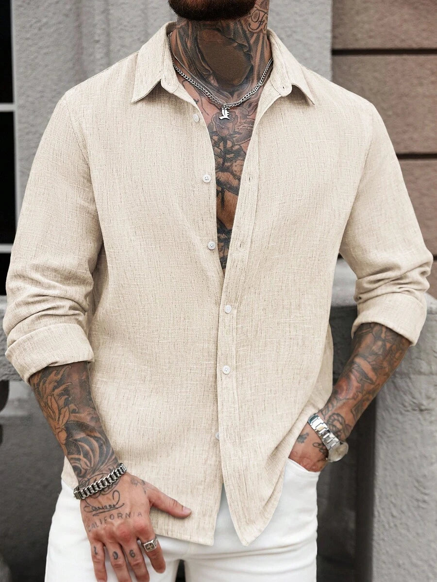 Camisa Masculina Casual de Linho de Manga Longa com Abotoamento Clock