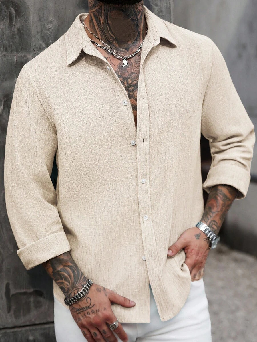 Camisa Masculina Casual de Linho de Manga Longa com Abotoamento Clock