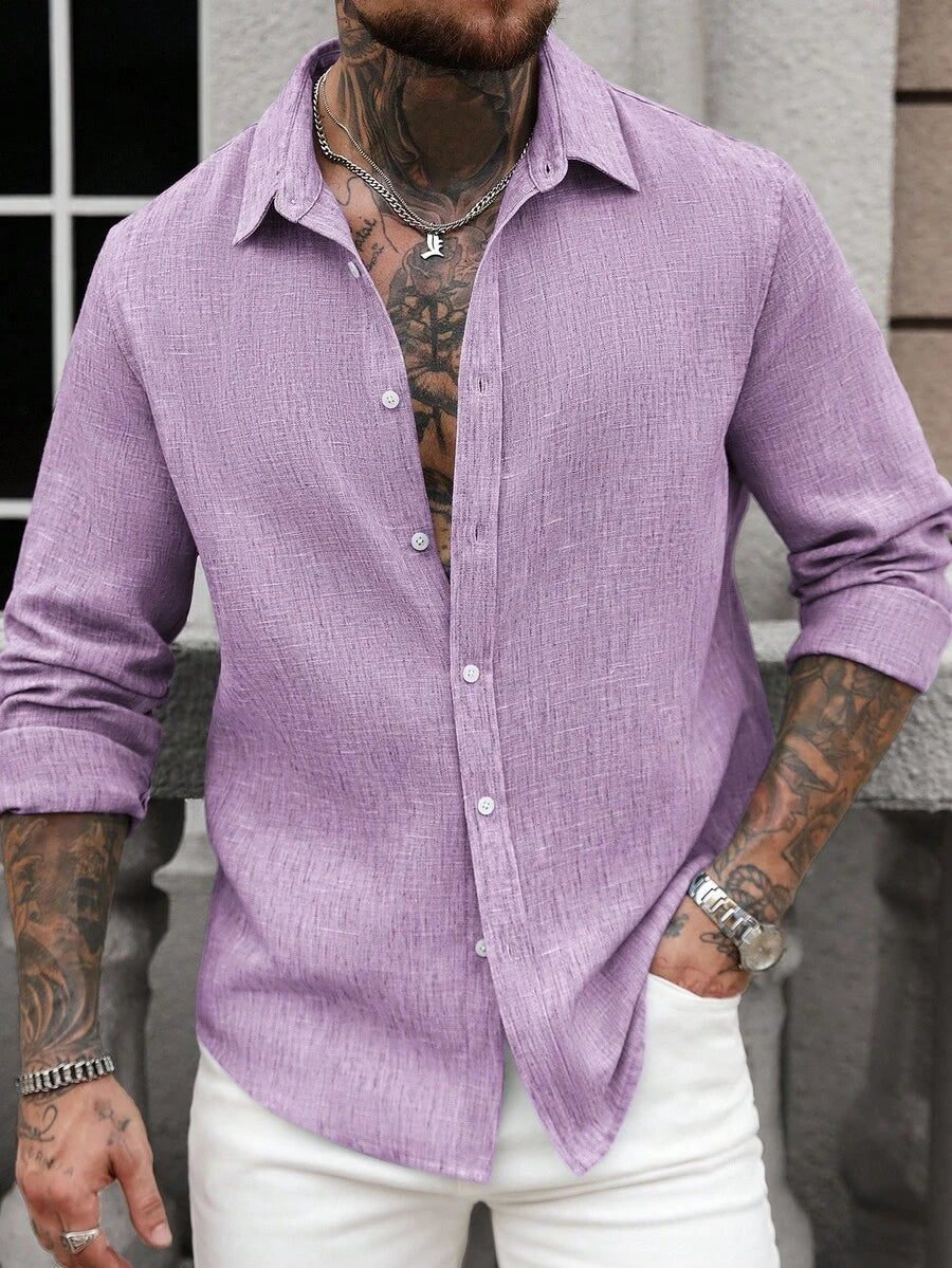 Camisa Masculina Casual de Linho de Manga Longa com Abotoamento Clock