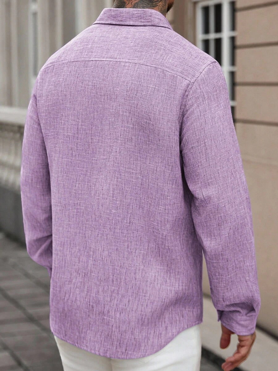 Camisa Masculina Casual de Linho de Manga Longa com Abotoamento Clock