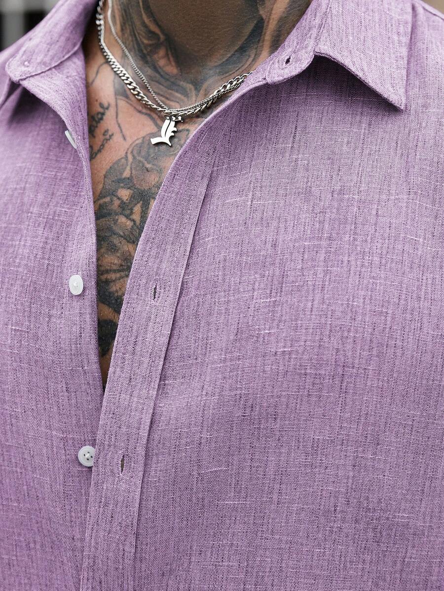 Camisa Masculina Casual de Linho de Manga Longa com Abotoamento Clock