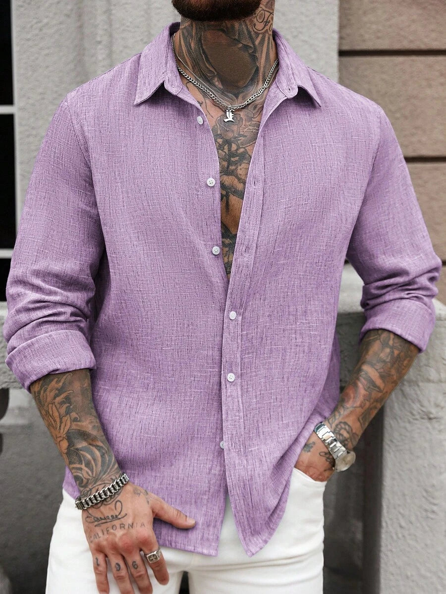 Camisa Masculina Casual de Linho de Manga Longa com Abotoamento Clock