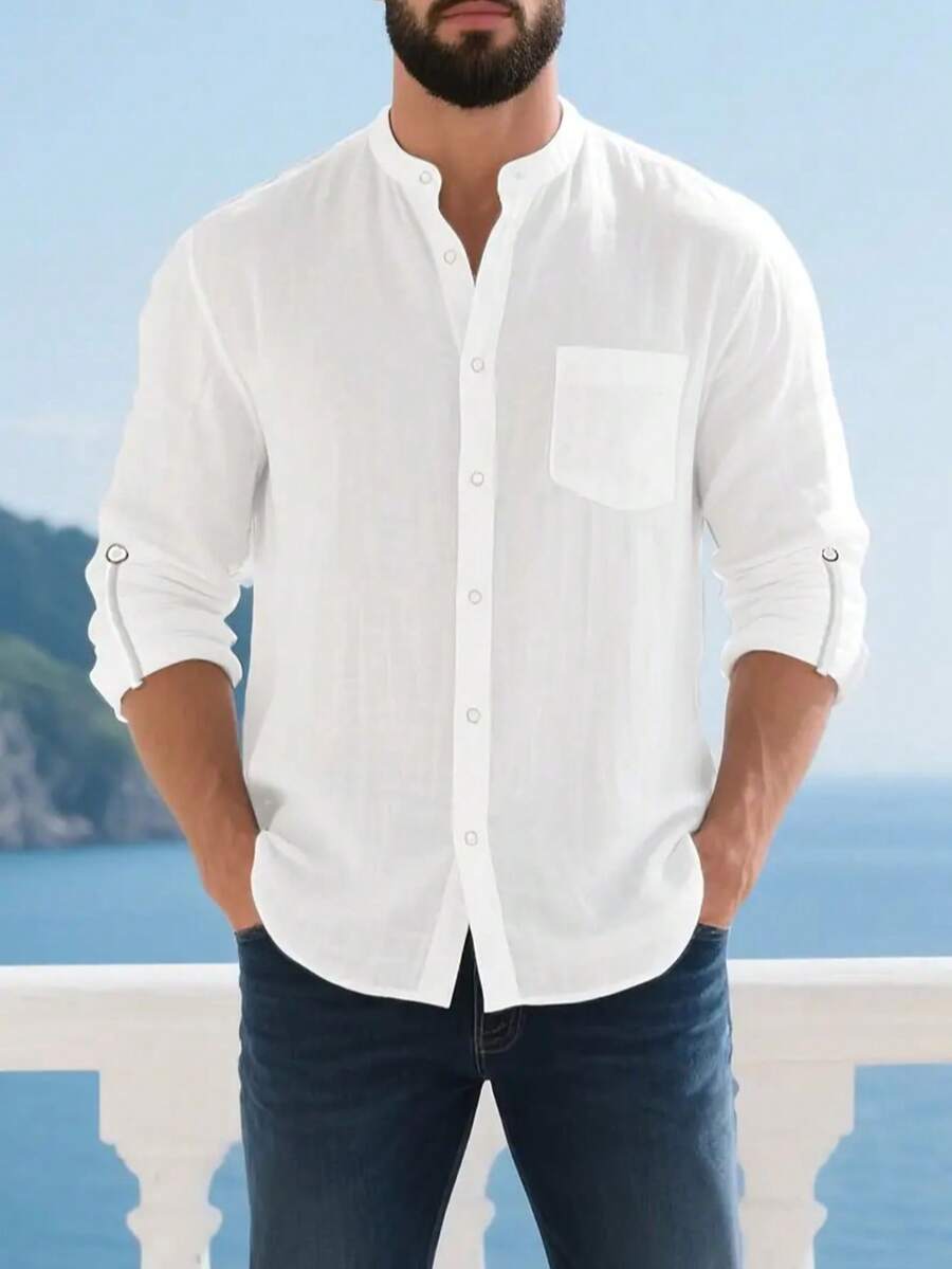 Camisa Masculina Social de Linho Respirável com Botões