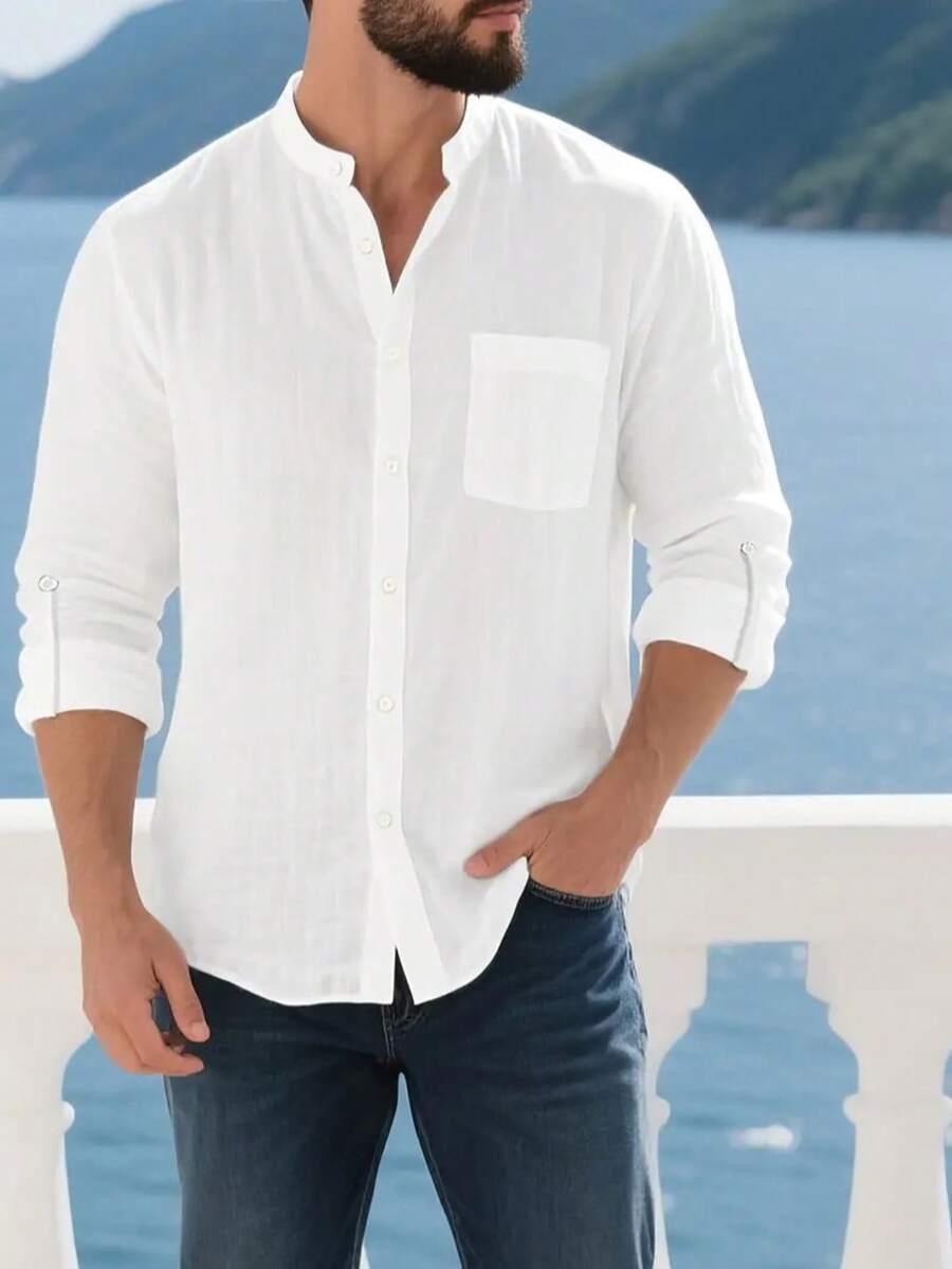 Camisa Masculina Social de Linho Respirável com Botões