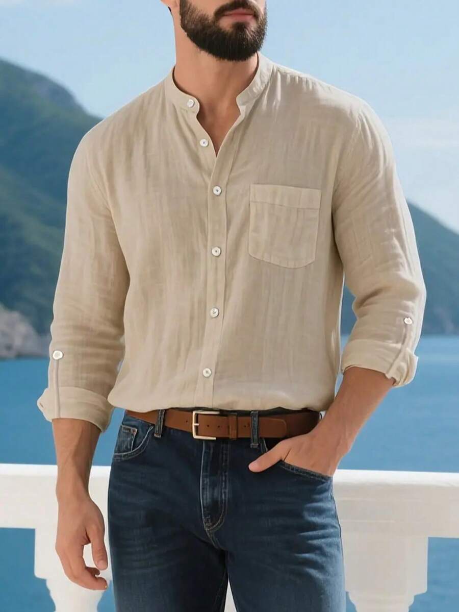 Camisa Masculina Social de Linho Respirável com Botões