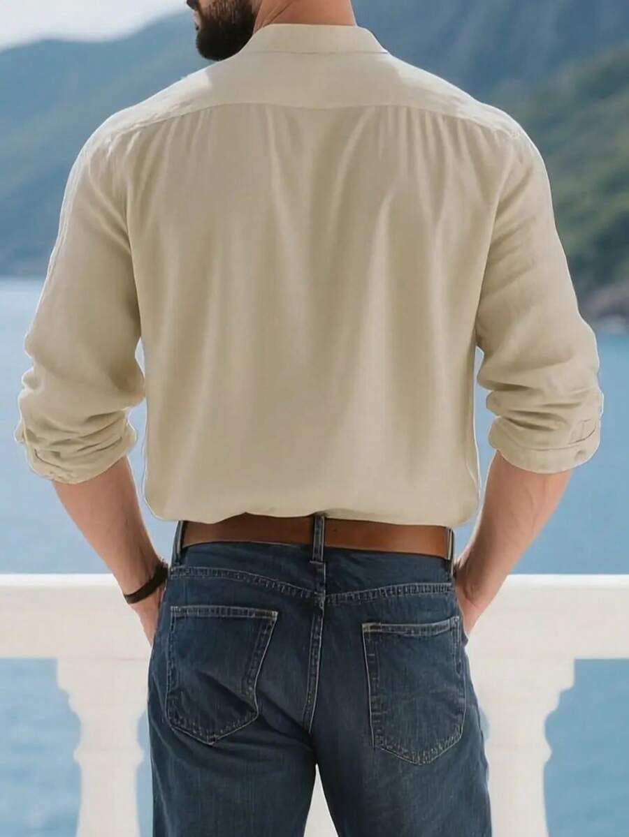 Camisa Masculina Social de Linho Respirável com Botões