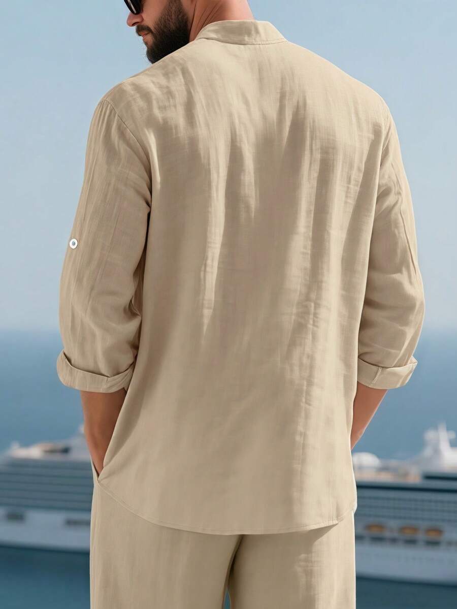 Camisa Masculina Social de Linho Respirável com Botões