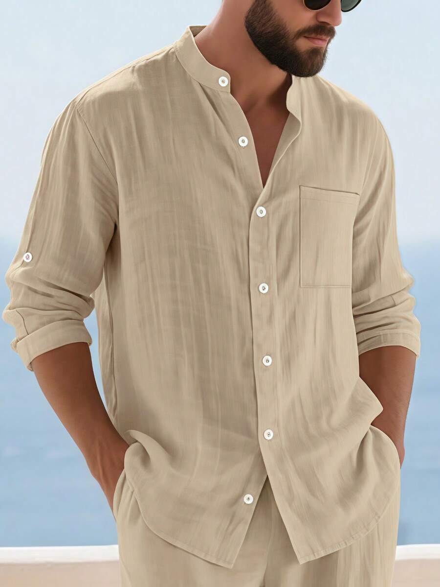 Camisa Masculina Social de Linho Respirável com Botões