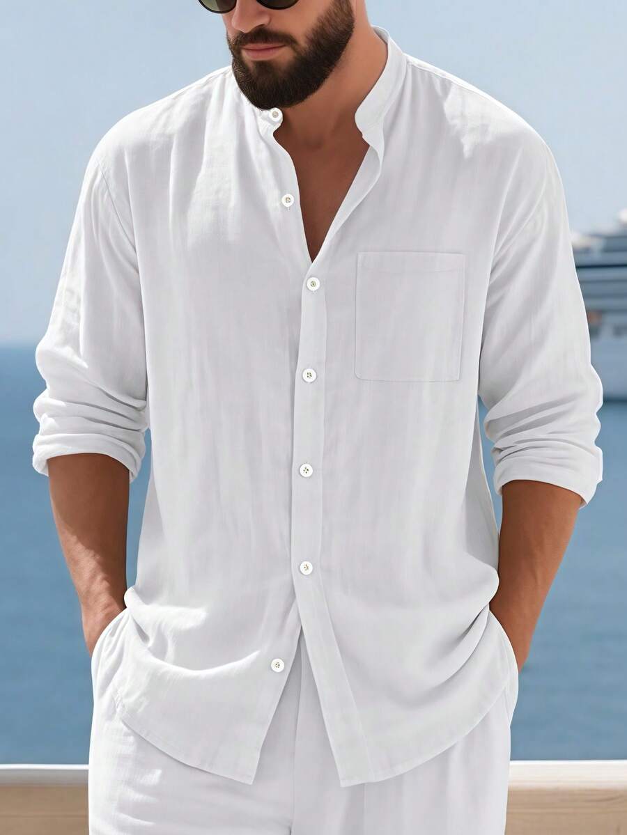 Camisa Masculina Social de Linho Respirável com Botões