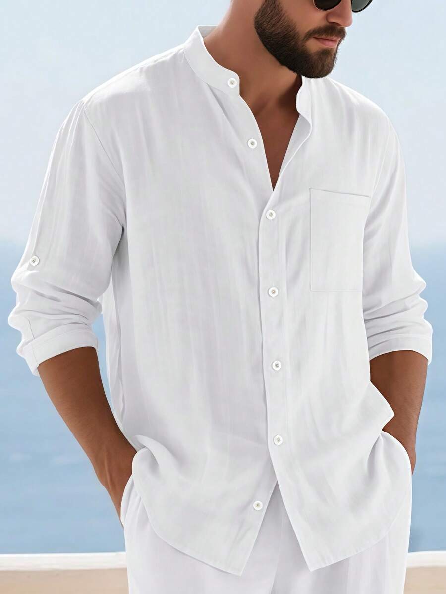 Camisa Masculina Social de Linho Respirável com Botões