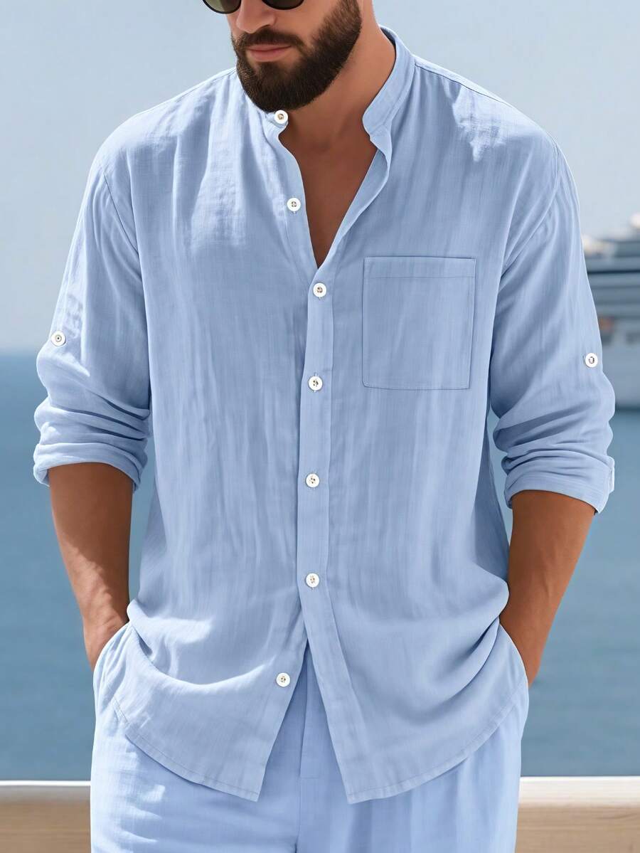 Camisa Masculina Social de Linho Respirável com Botões