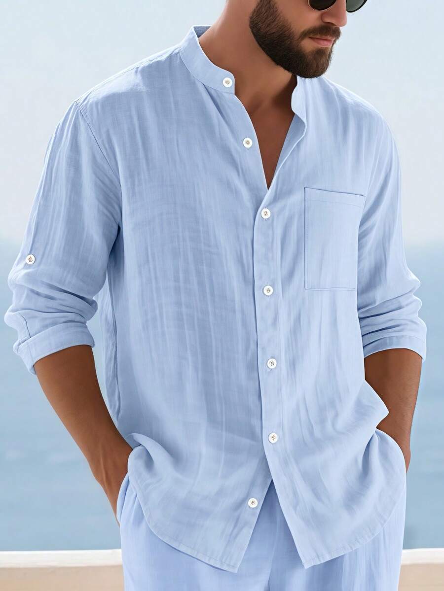 Camisa Masculina Social de Linho Respirável com Botões