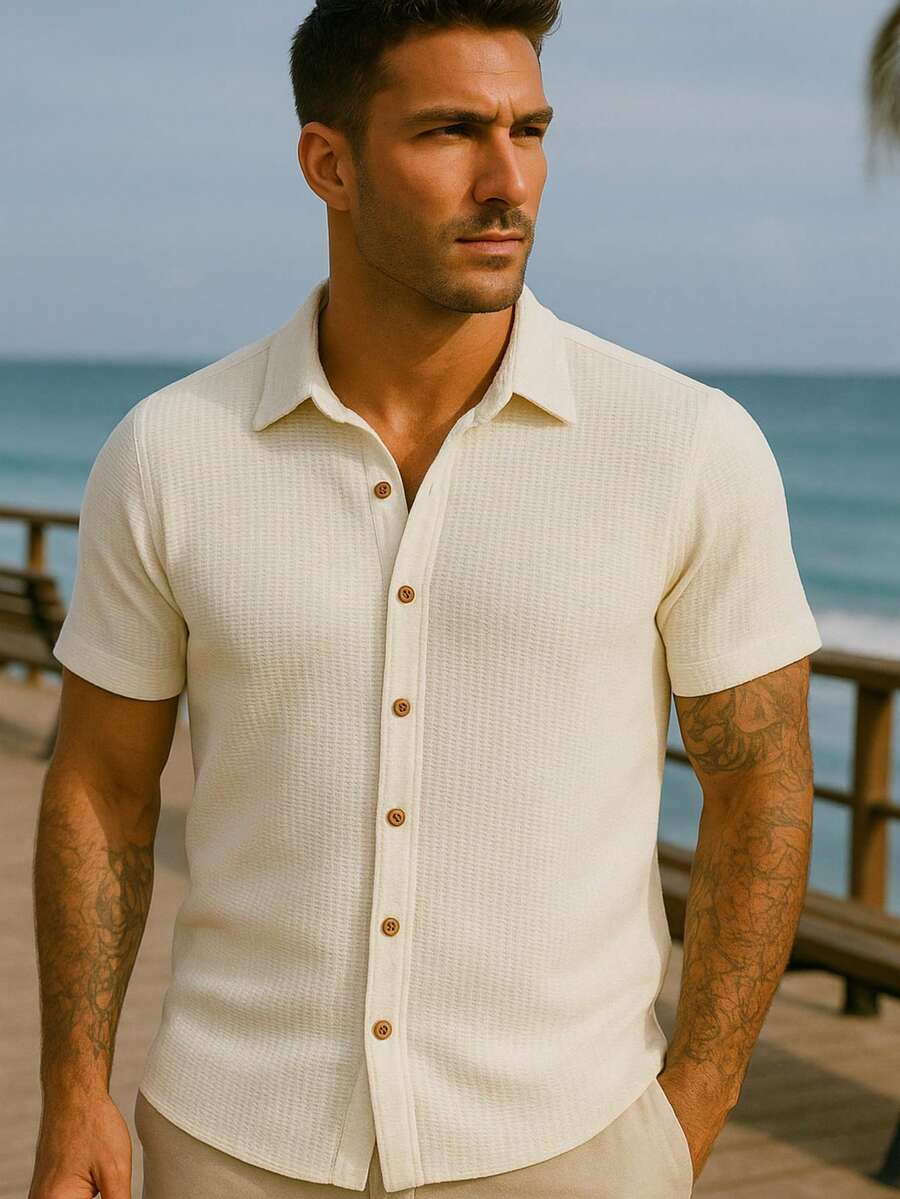 Camisa Masculina Tricot Crochet Casual Texturizada