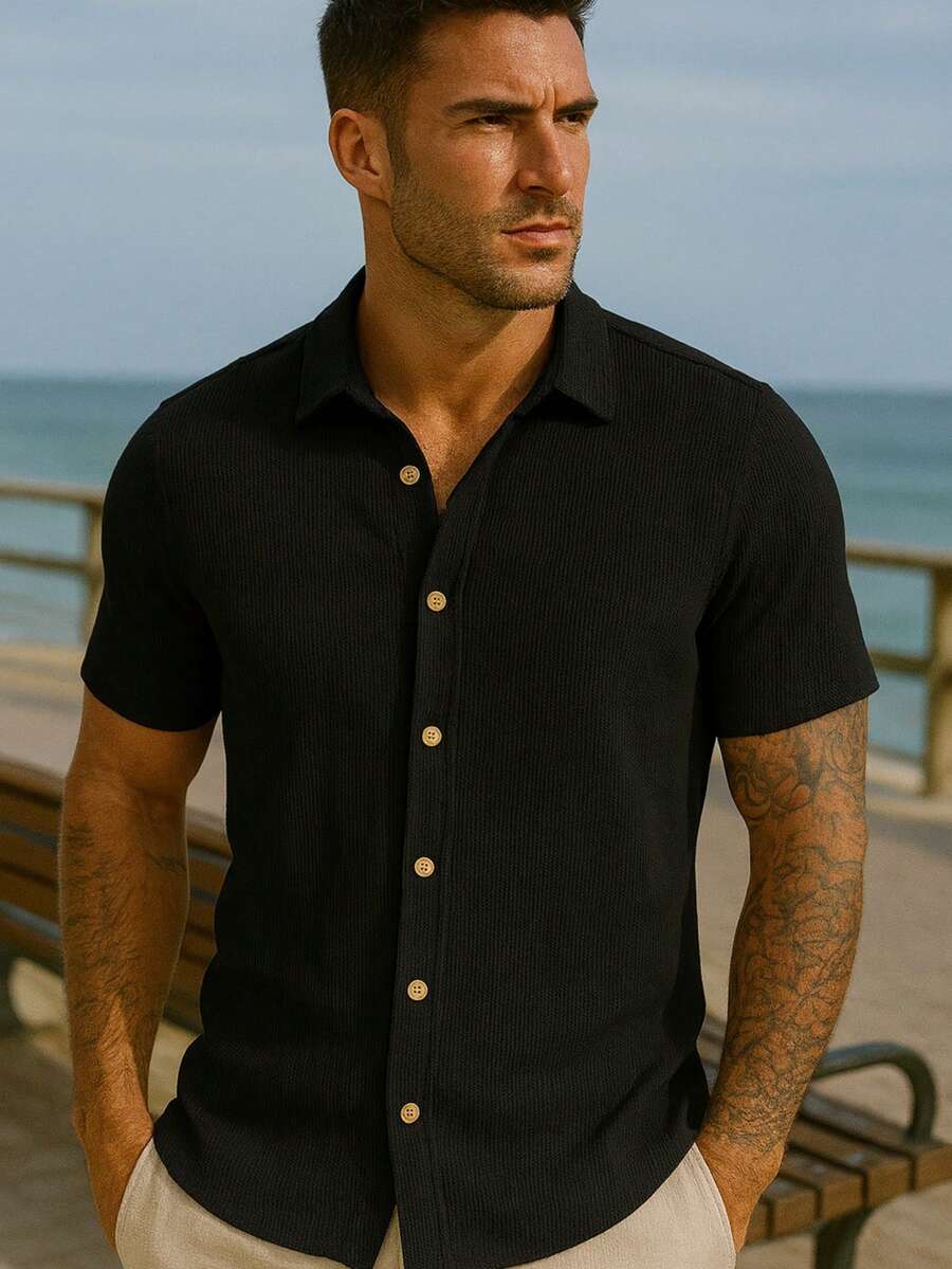 Camisa Masculina Tricot Crochet Casual Texturizada