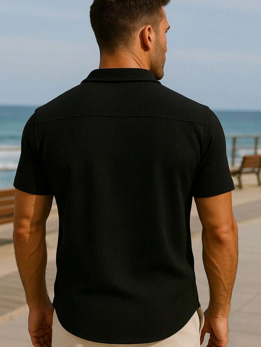 Camisa Masculina Tricot Crochet Casual Texturizada