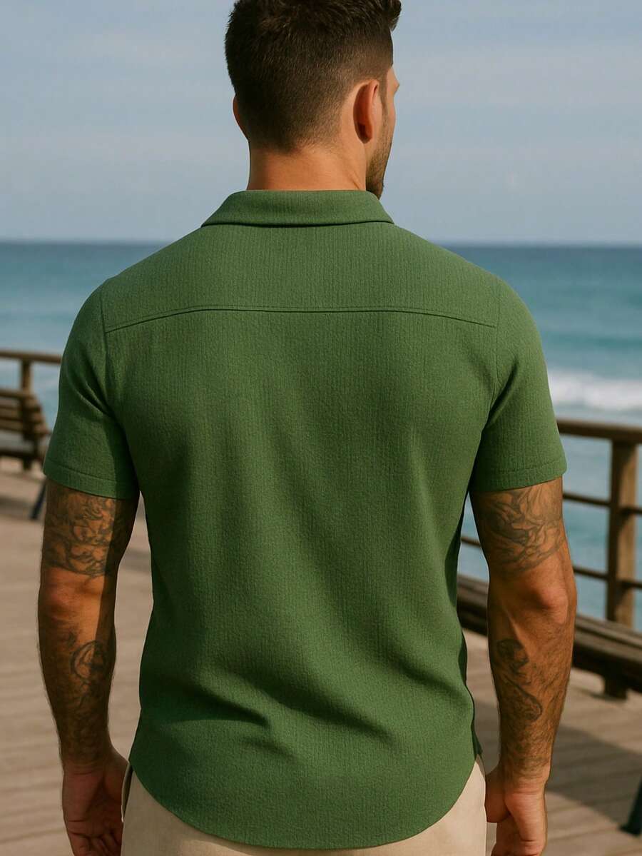 Camisa Masculina Tricot Crochet Casual Texturizada