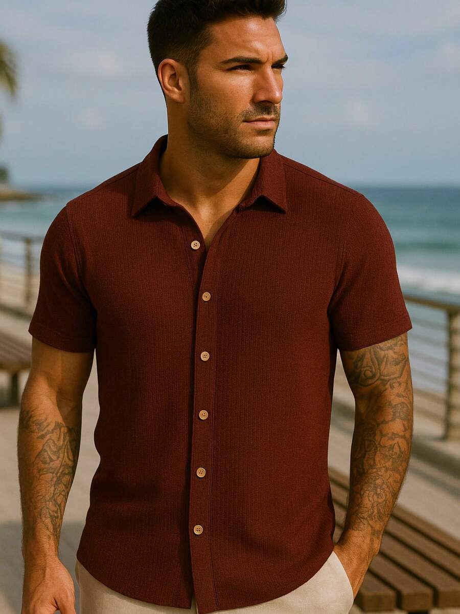 Camisa Masculina Tricot Crochet Casual Texturizada