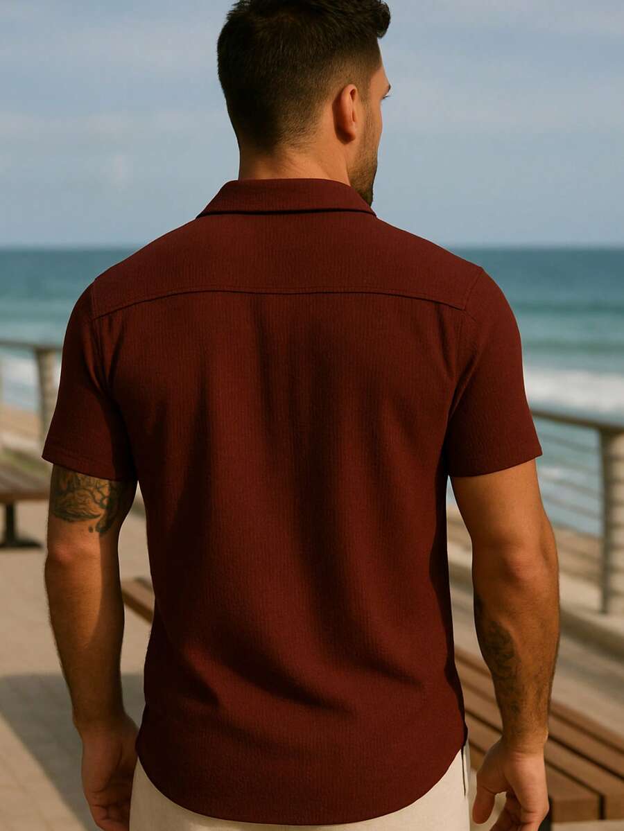 Camisa Masculina Tricot Crochet Casual Texturizada