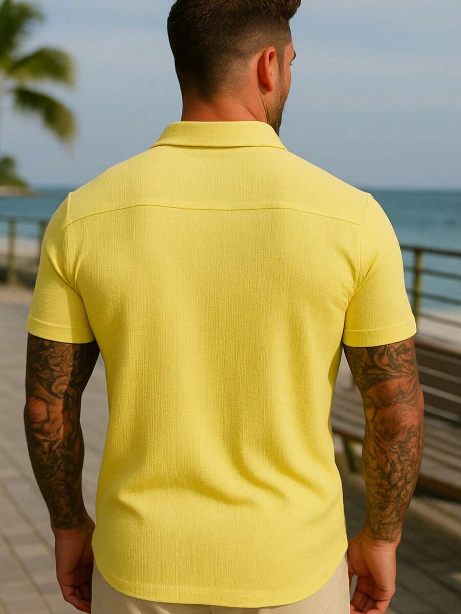 Camisa Masculina Tricot Crochet Casual Texturizada