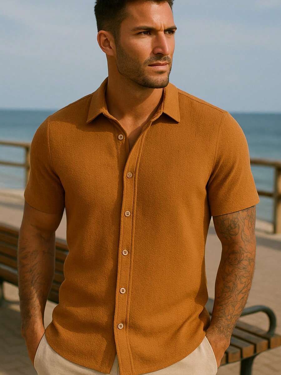 Camisa Masculina Tricot Crochet Casual Texturizada