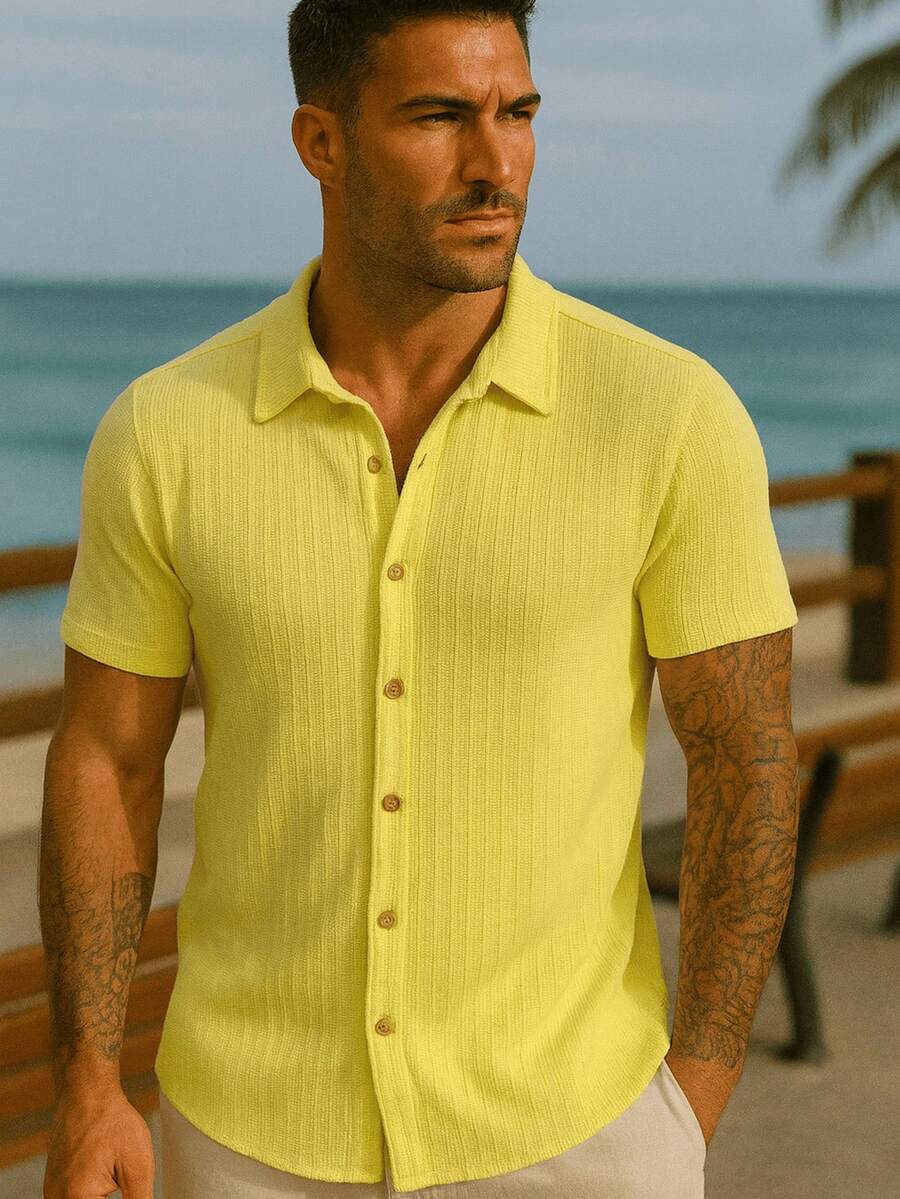 Camisa Masculina Tricot Crochet Casual Texturizada