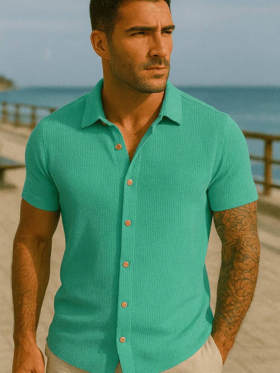 Camisa Masculina Tricot Crochet Casual Texturizada