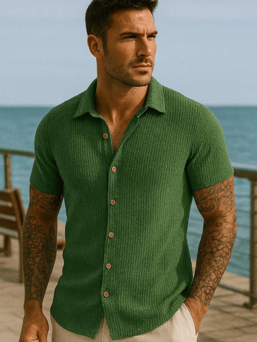Camisa Masculina Tricot Crochet Casual Texturizada