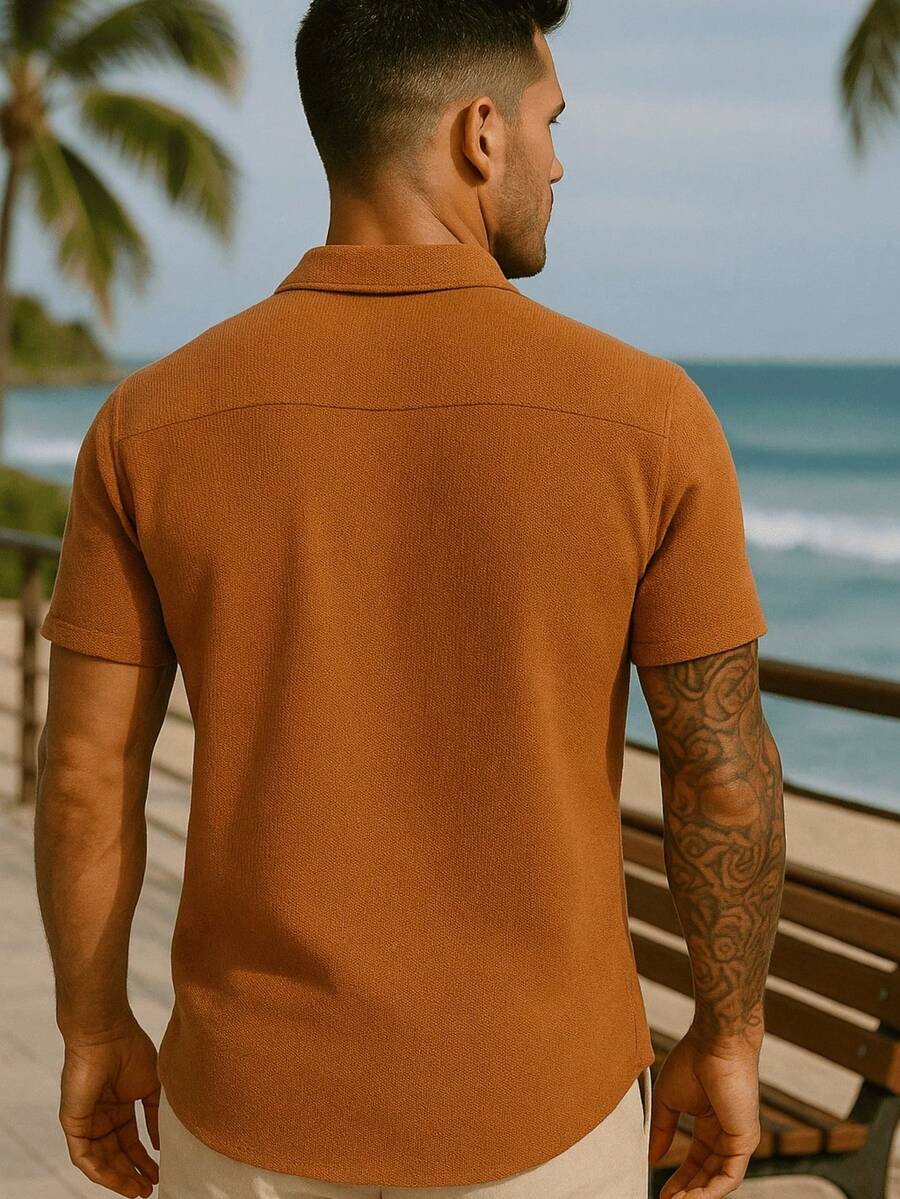 Camisa Masculina Tricot Crochet Casual Texturizada