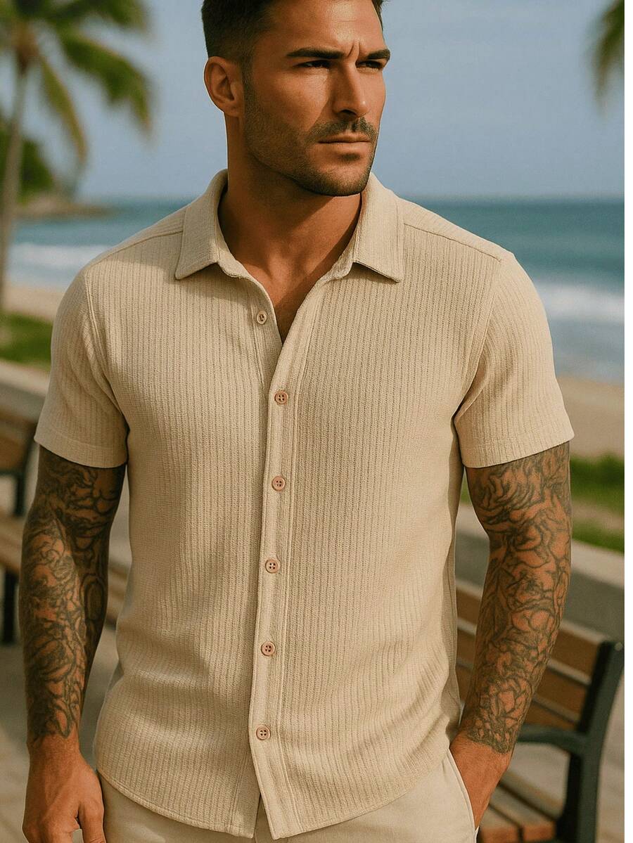 Camisa Masculina Tricot Crochet Casual Texturizada