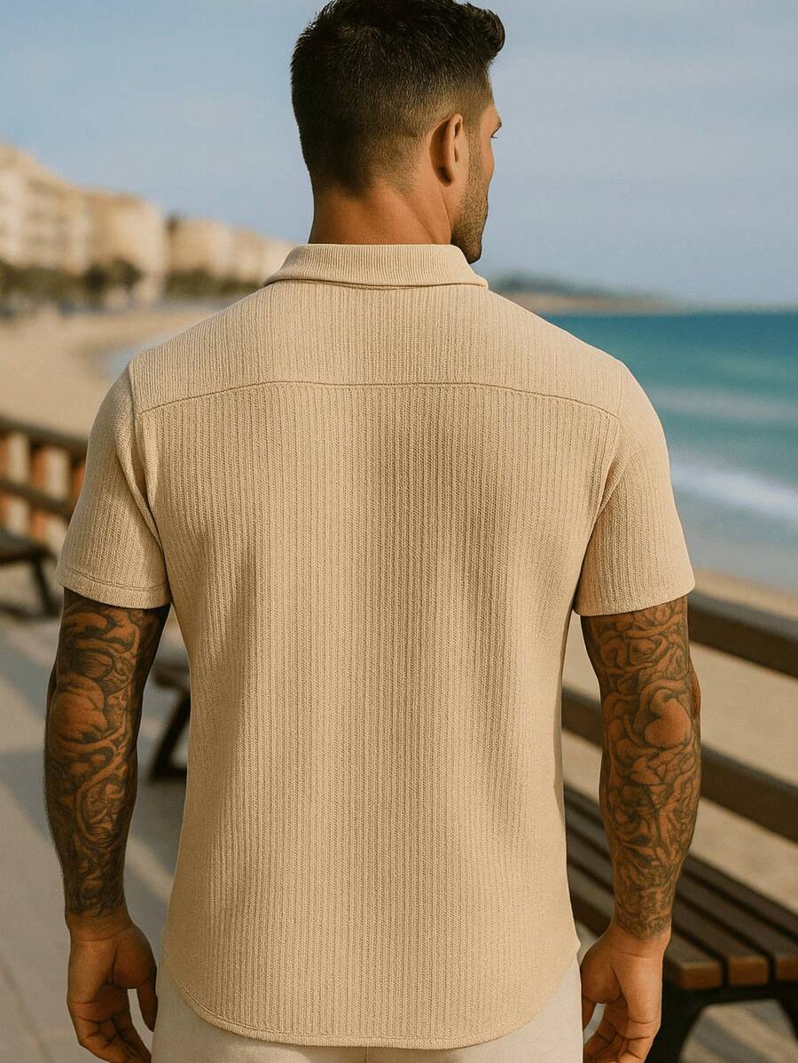 Camisa Masculina Tricot Crochet Casual Texturizada