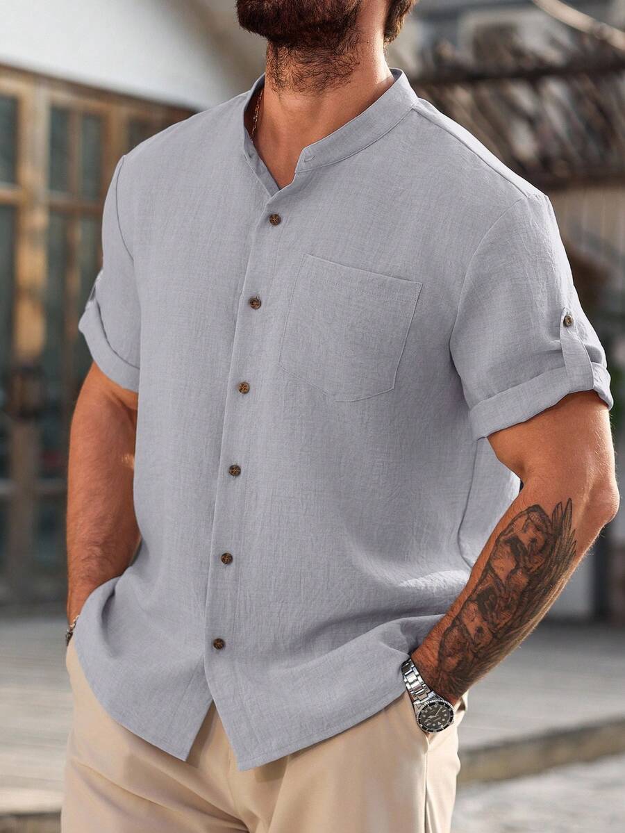 Camisa Masculina Casual de Manga Curta Solta e de Cor Sólida