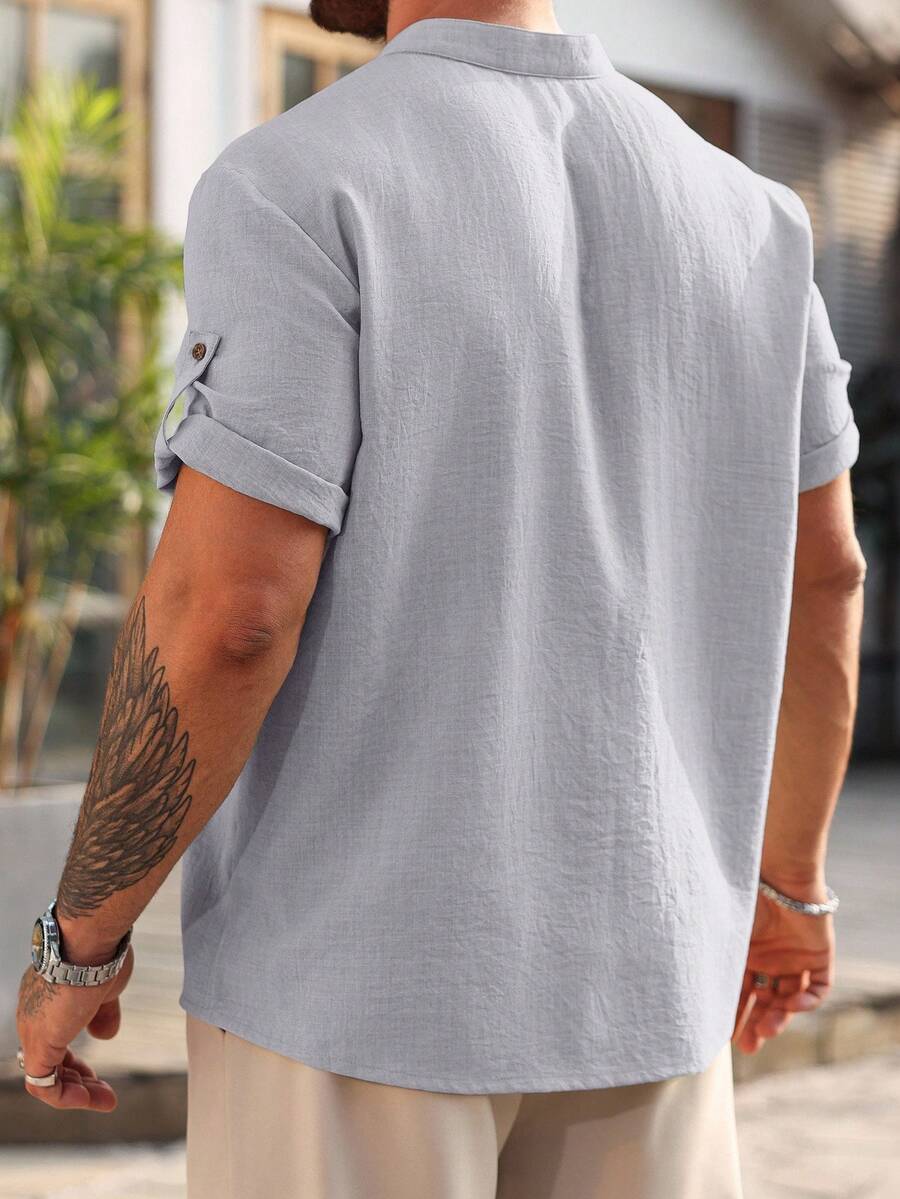 Camisa Masculina Casual de Manga Curta Solta e de Cor Sólida
