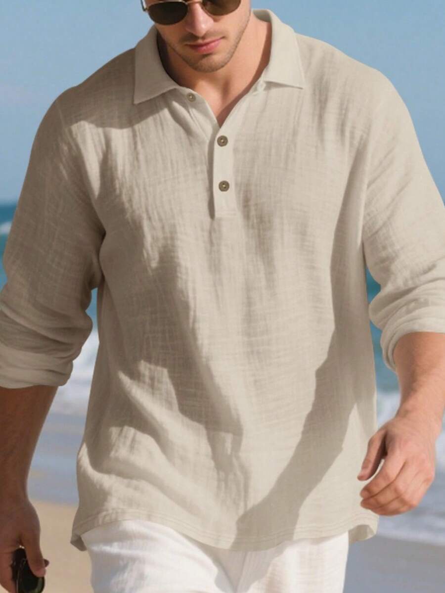 Camisa Masculina Polo de Linho Branco Manga Longa Jupters