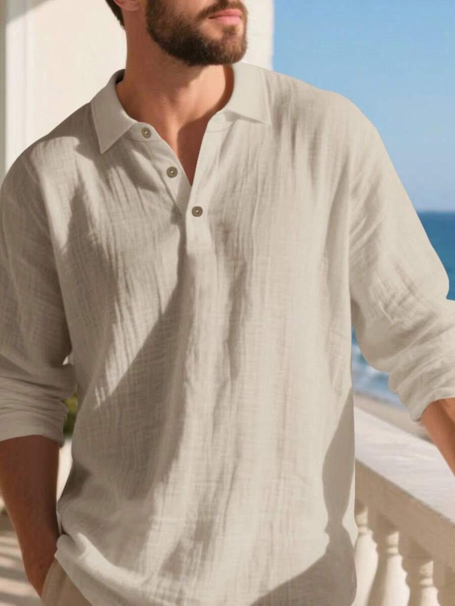 Camisa Masculina Polo de Linho Branco Manga Longa Jupters