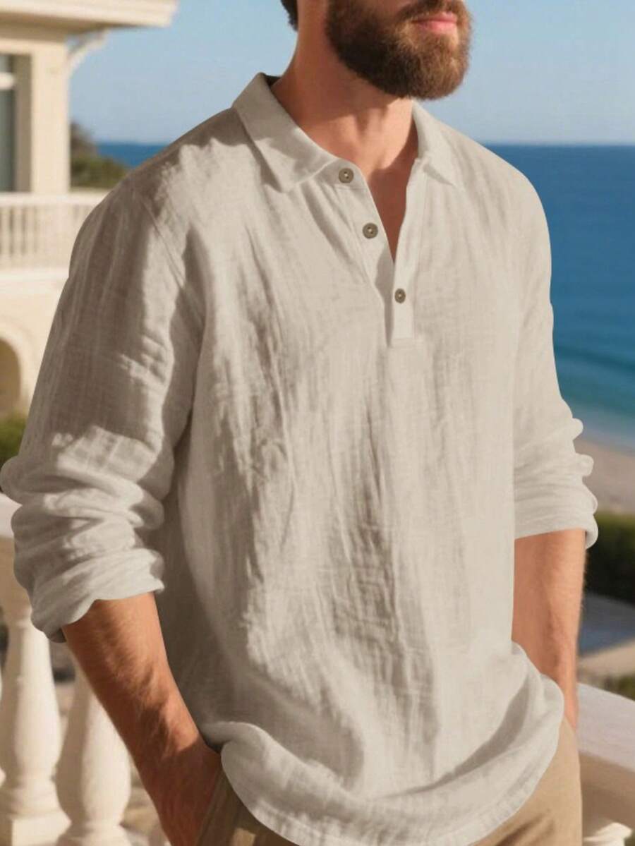 Camisa Masculina Polo de Linho Branco Manga Longa Jupters