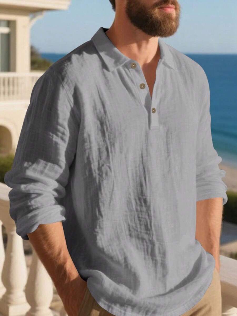 Camisa Masculina Polo de Linho Branco Manga Longa Jupters