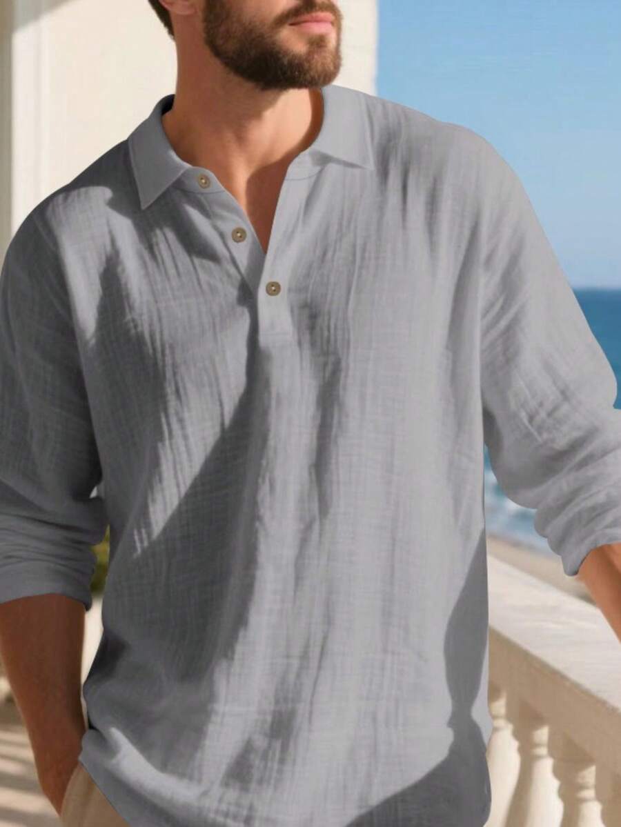 Camisa Masculina Polo de Linho Branco Manga Longa Jupters