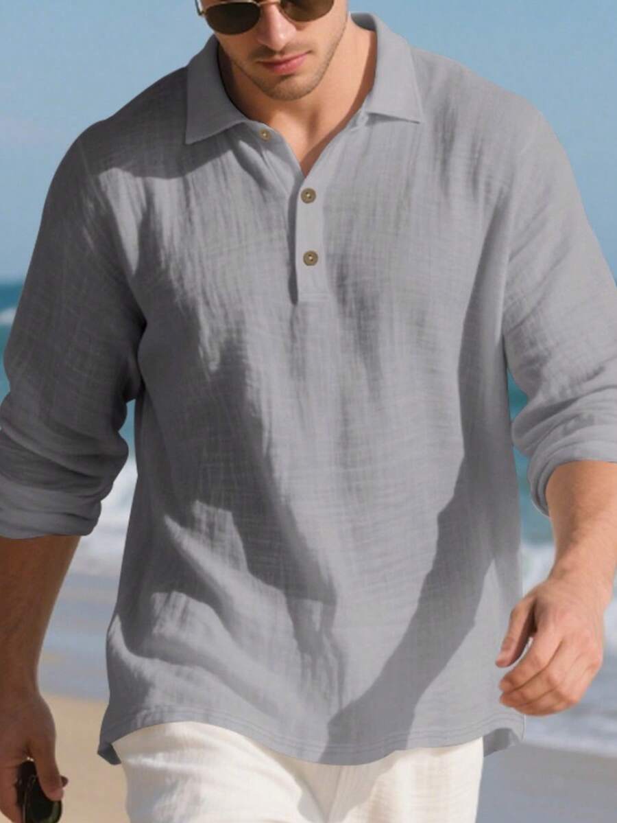 Camisa Masculina Polo de Linho Branco Manga Longa Jupters