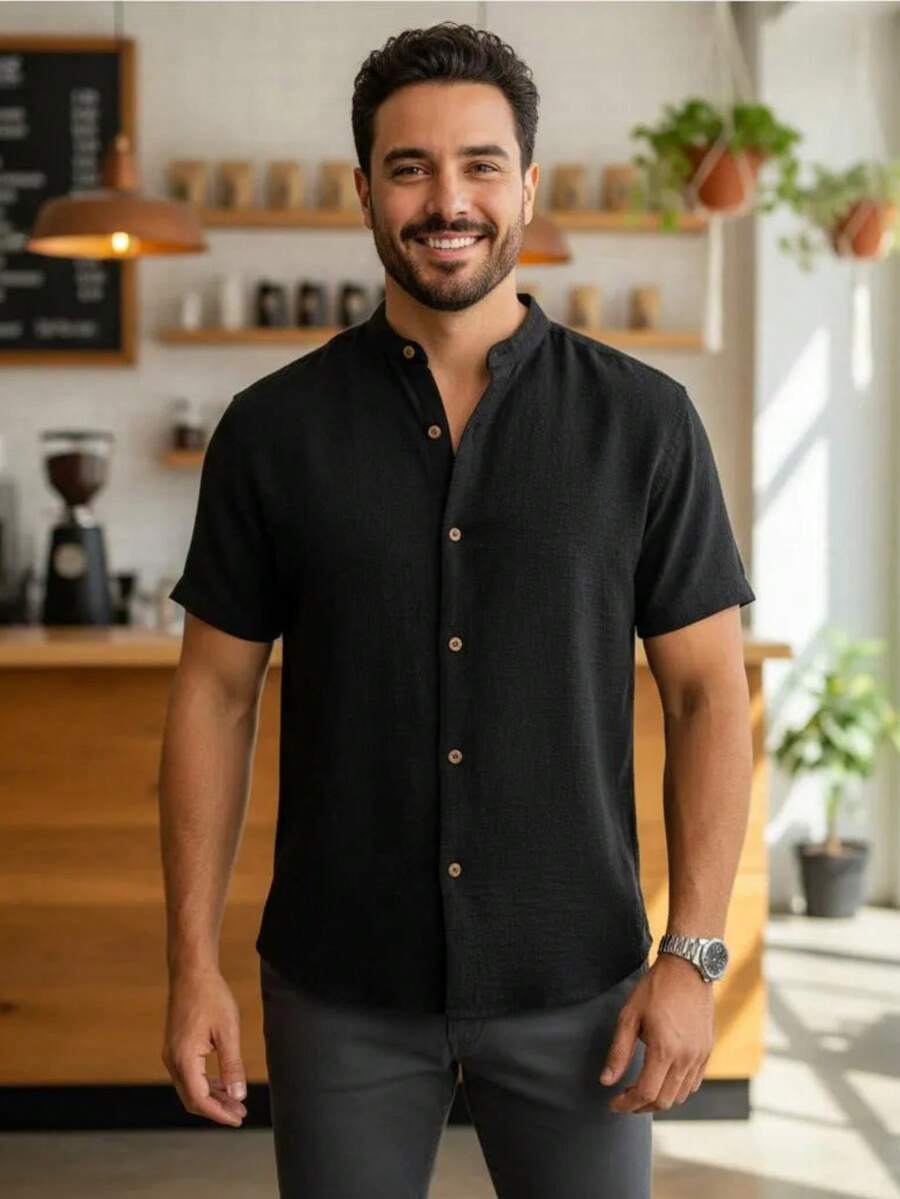 Camisa Masculina Manga Curta Gola Padre Confortável Tendencia Verão