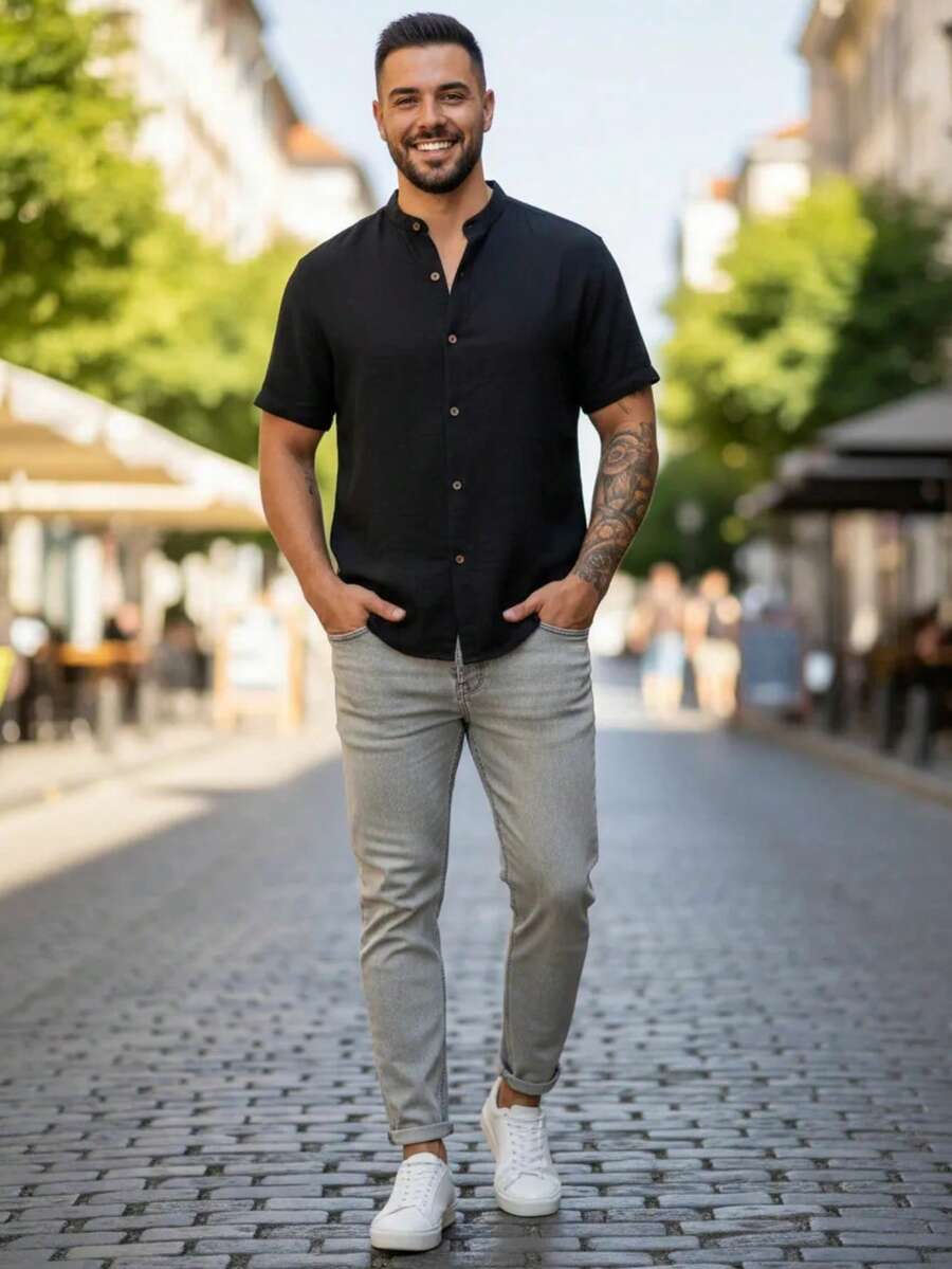 Camisa Masculina Manga Curta Gola Padre Confortável Tendencia Verão