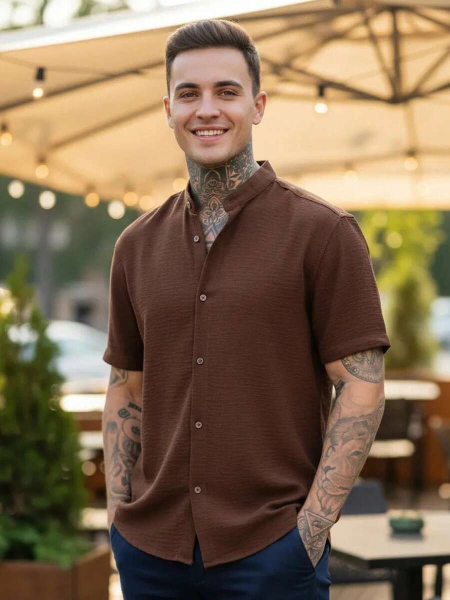 Camisa Masculina Manga Curta Gola Padre Confortável Tendencia Verão