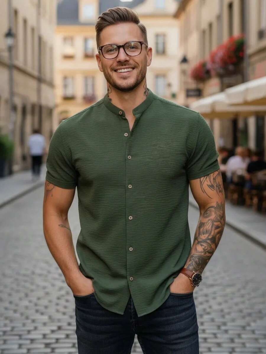 Camisa Masculina Manga Curta Gola Padre Confortável Tendencia Verão