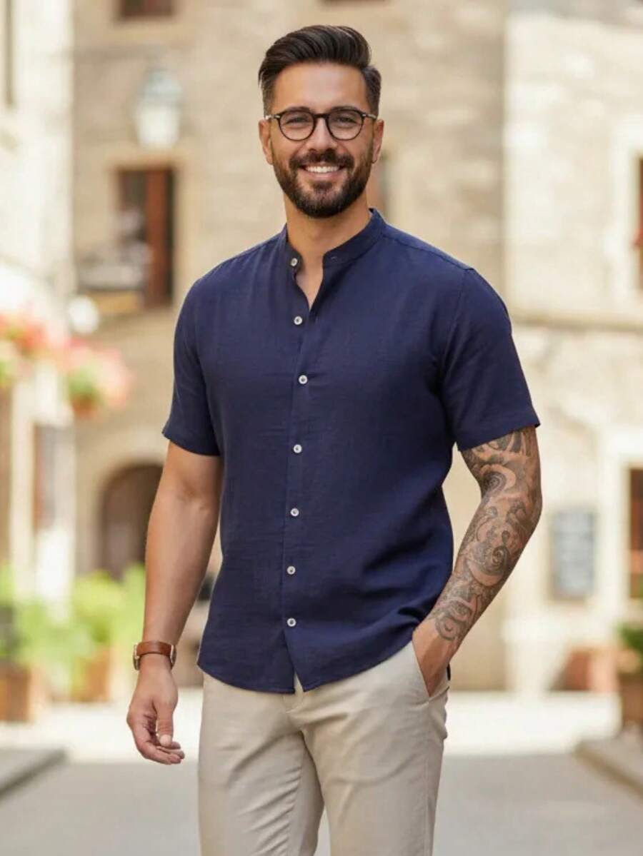 Camisa Masculina Manga Curta Gola Padre Confortável Tendencia Verão