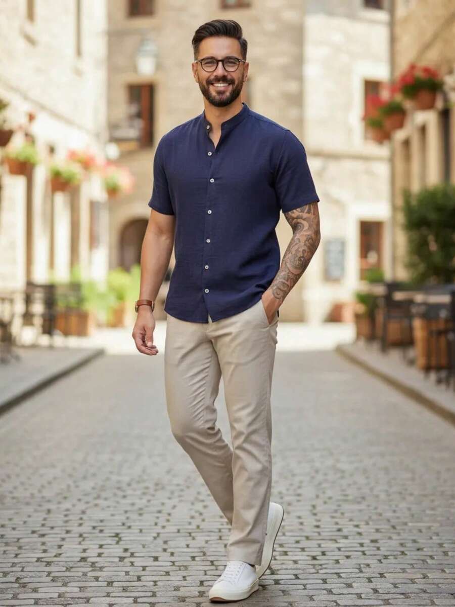 Camisa Masculina Manga Curta Gola Padre Confortável Tendencia Verão