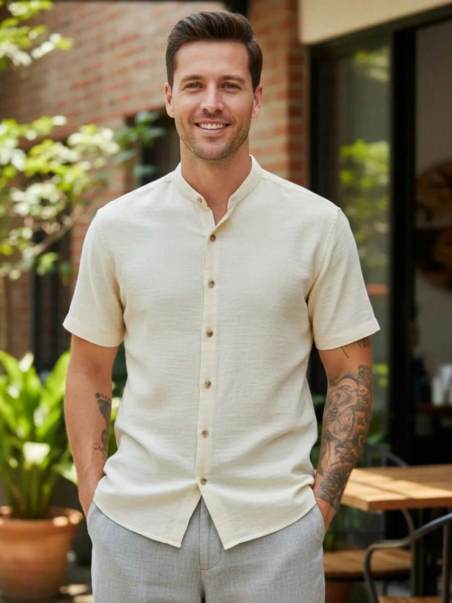 Camisa Masculina Manga Curta Gola Padre Confortável Tendencia Verão