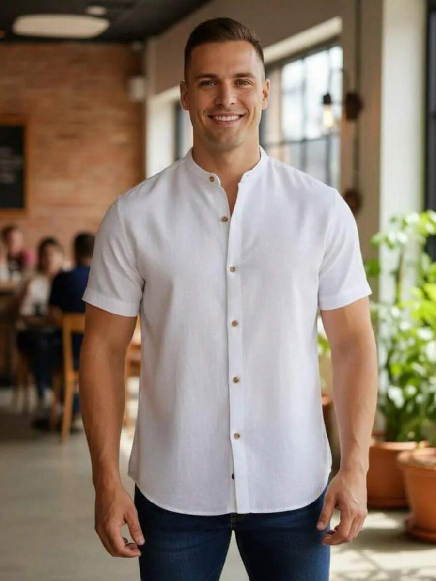 Camisa Masculina Manga Curta Gola Padre Confortável Tendencia Verão