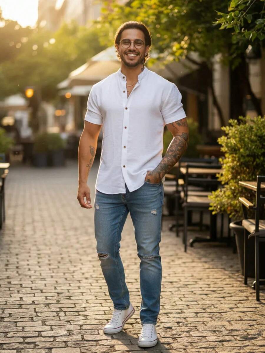 Camisa Masculina Manga Curta Gola Padre Confortável Tendencia Verão