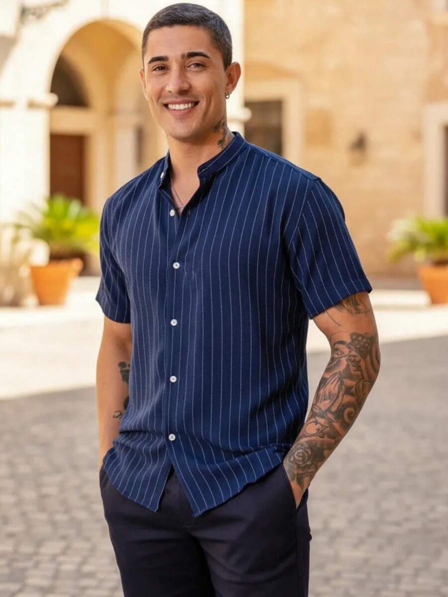 Camisa Masculina Manga Curta Gola Padre Confortável Tendencia Verão