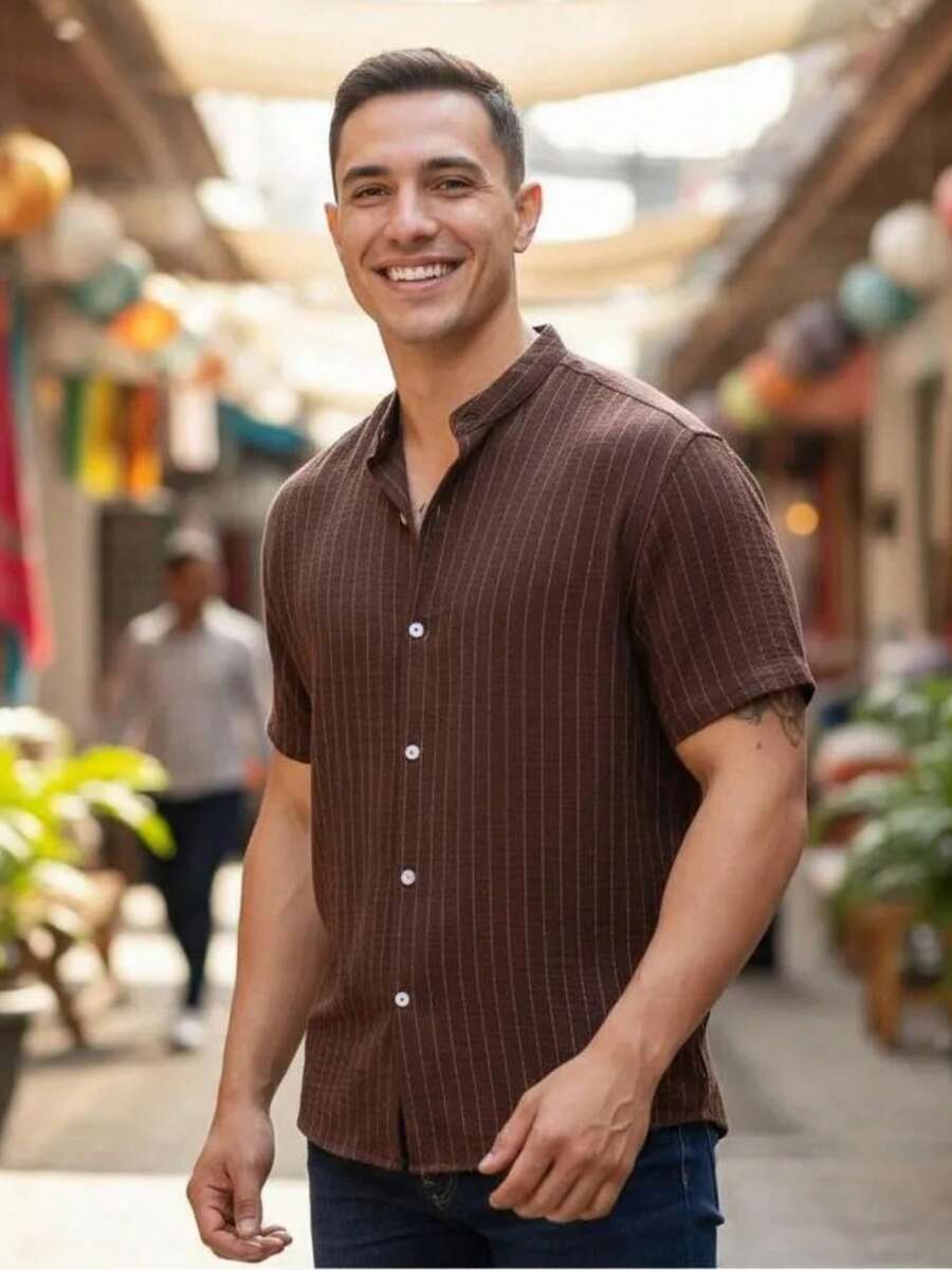 Camisa Masculina Manga Curta Gola Padre Confortável Tendencia Verão